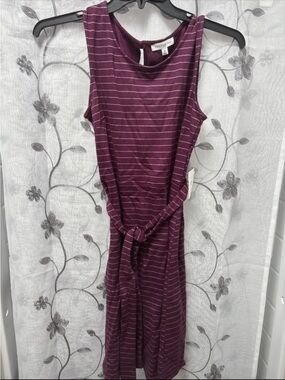 PerSeption Concept Plum Striped Midi Tie-Waist Dress